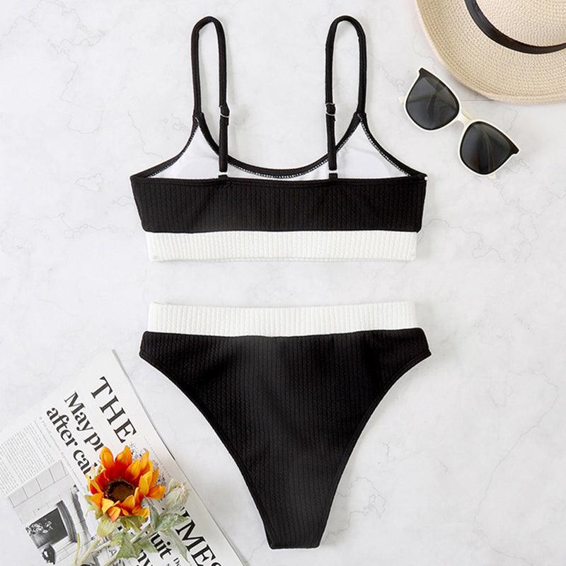 Maillots de bain taille haute bikinis femmes push-up maillots de bain ensembles bikini taille haute unis maillot de bain sportif deux pièces maillot de bain col rond pour femmes maillots de bain côtelés coupe haute vêtements de plage d'été