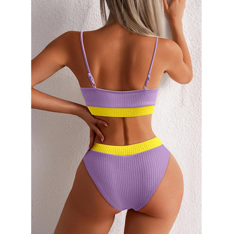Maillots de bain taille haute bikinis femmes push-up maillots de bain ensembles bikini taille haute unis maillot de bain sportif deux pièces maillot de bain col rond pour femmes maillots de bain côtelés coupe haute vêtements de plage d'été