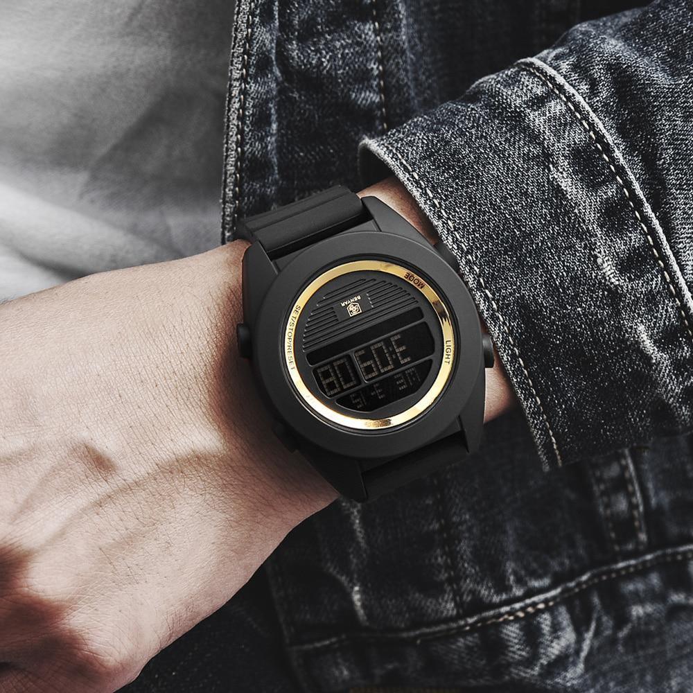Montre-bracelet numérique de sport étanche à LED pour homme, design rond noir moderne