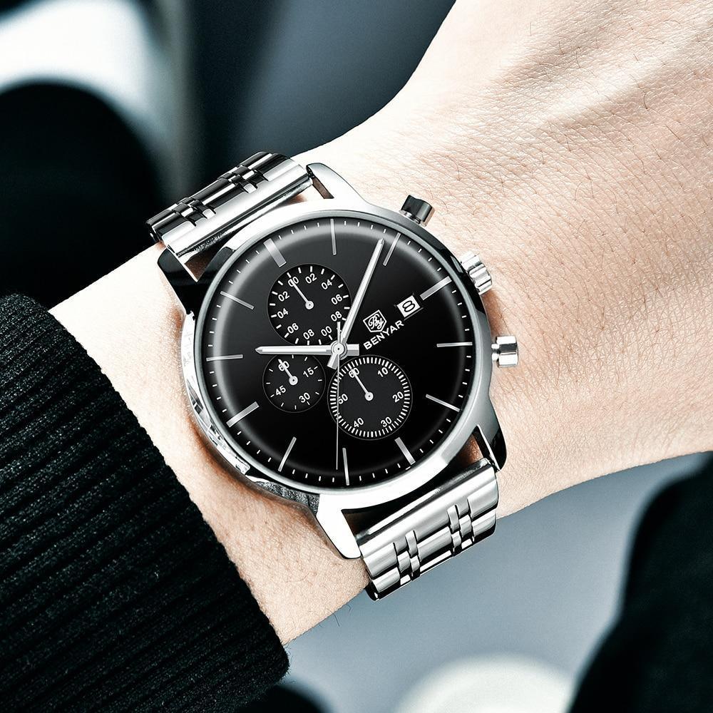 Montre homme d'affaires en acier 2021, montre-bracelet décontractée de luxe à quartz étanche en cuir pour homme