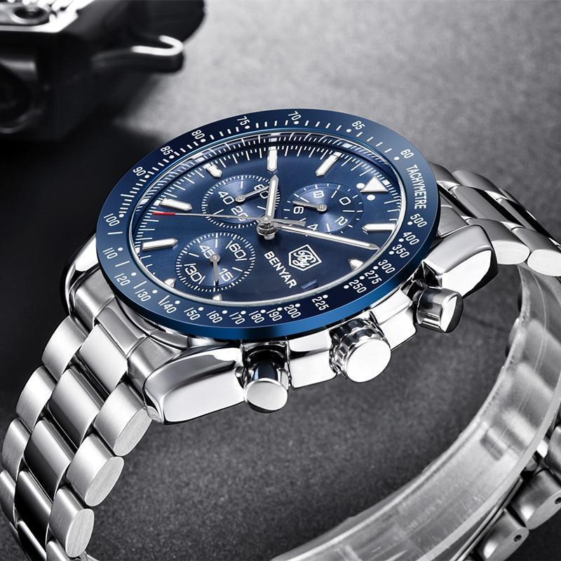 Nouvelle Montre Homme Argent Bleu Affaires Analogique Chronographe Acier Complet Luxe Décontracté Homme Étanche Sports Design Montres