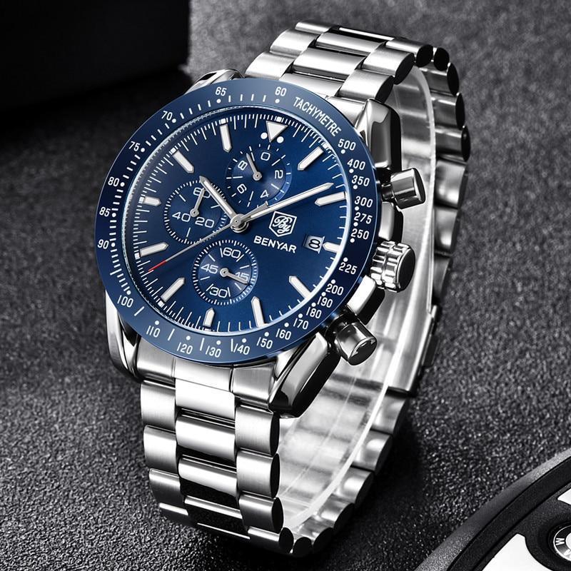Nouvelle Montre Homme Argent Bleu Affaires Analogique Chronographe Acier Complet Luxe Décontracté Homme Étanche Sports Design Montres