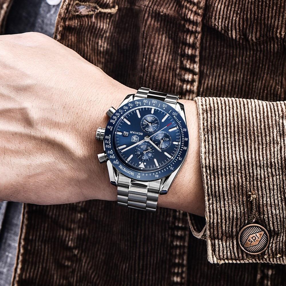 Nouvelle Montre Homme Argent Bleu Affaires Analogique Chronographe Acier Complet Luxe Décontracté Homme Étanche Sports Design Montres