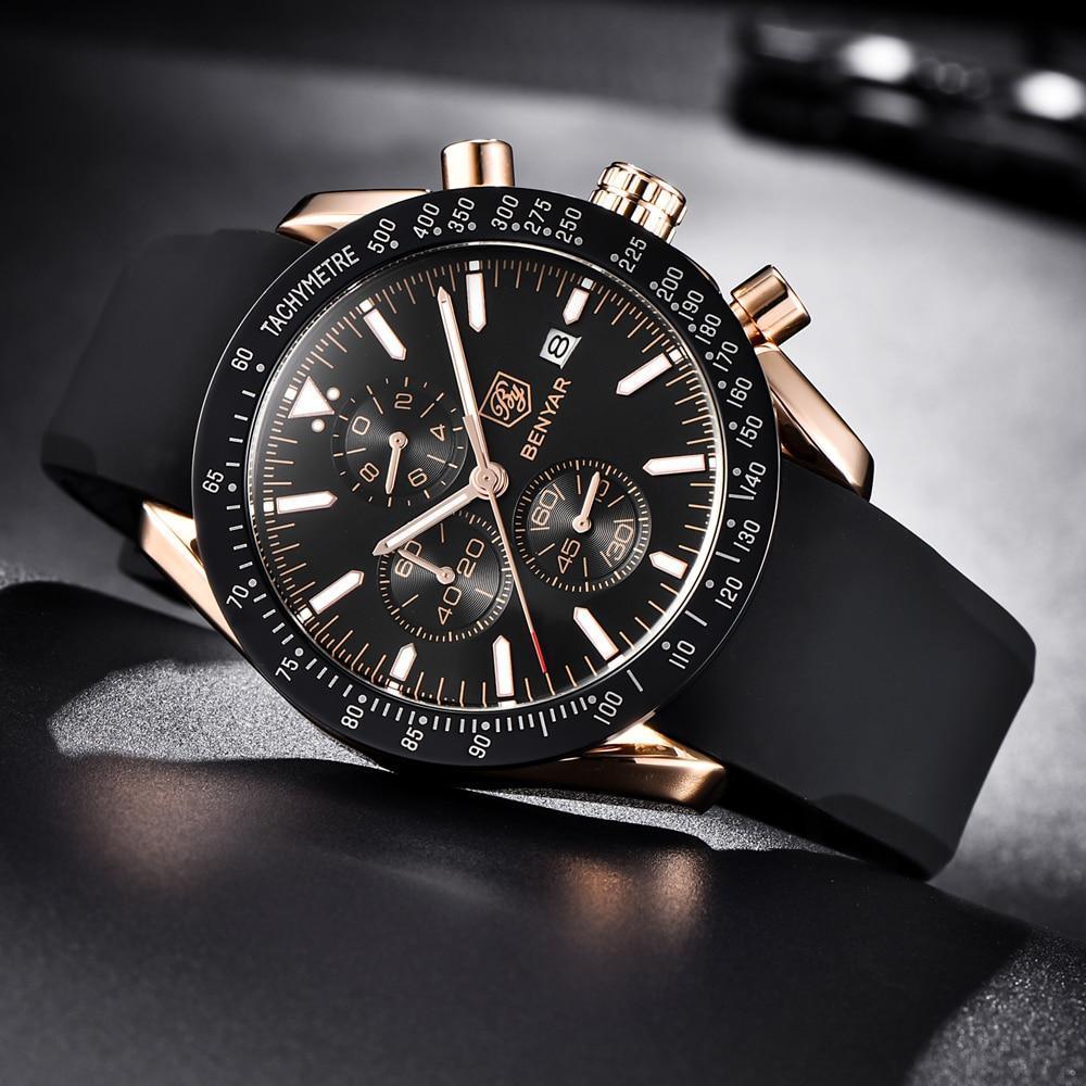 Montres décontractées pour hommes Chronographe Montres de sport modernes analogiques à quartz étanches Bracelets en caoutchouc Montres-bracelets professionnelles pour hommes