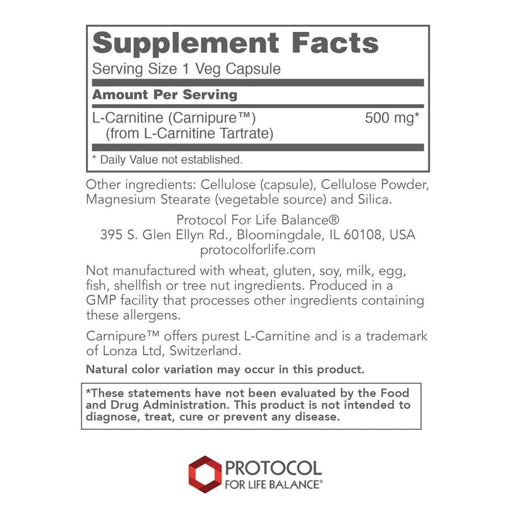 Protocol For Life Balance L-Carnitine 500 mg 60 Vcaps - P0072