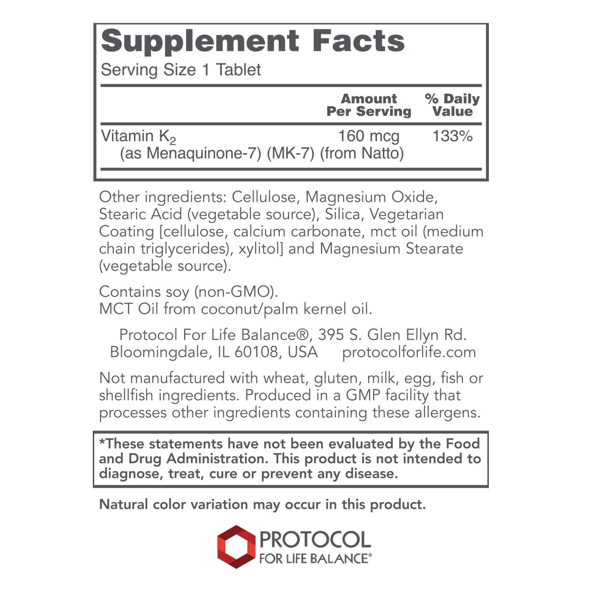 Protocol For Life Balance MK-7 Vitamine K2 160 mcg 60 Comprimés - P0993