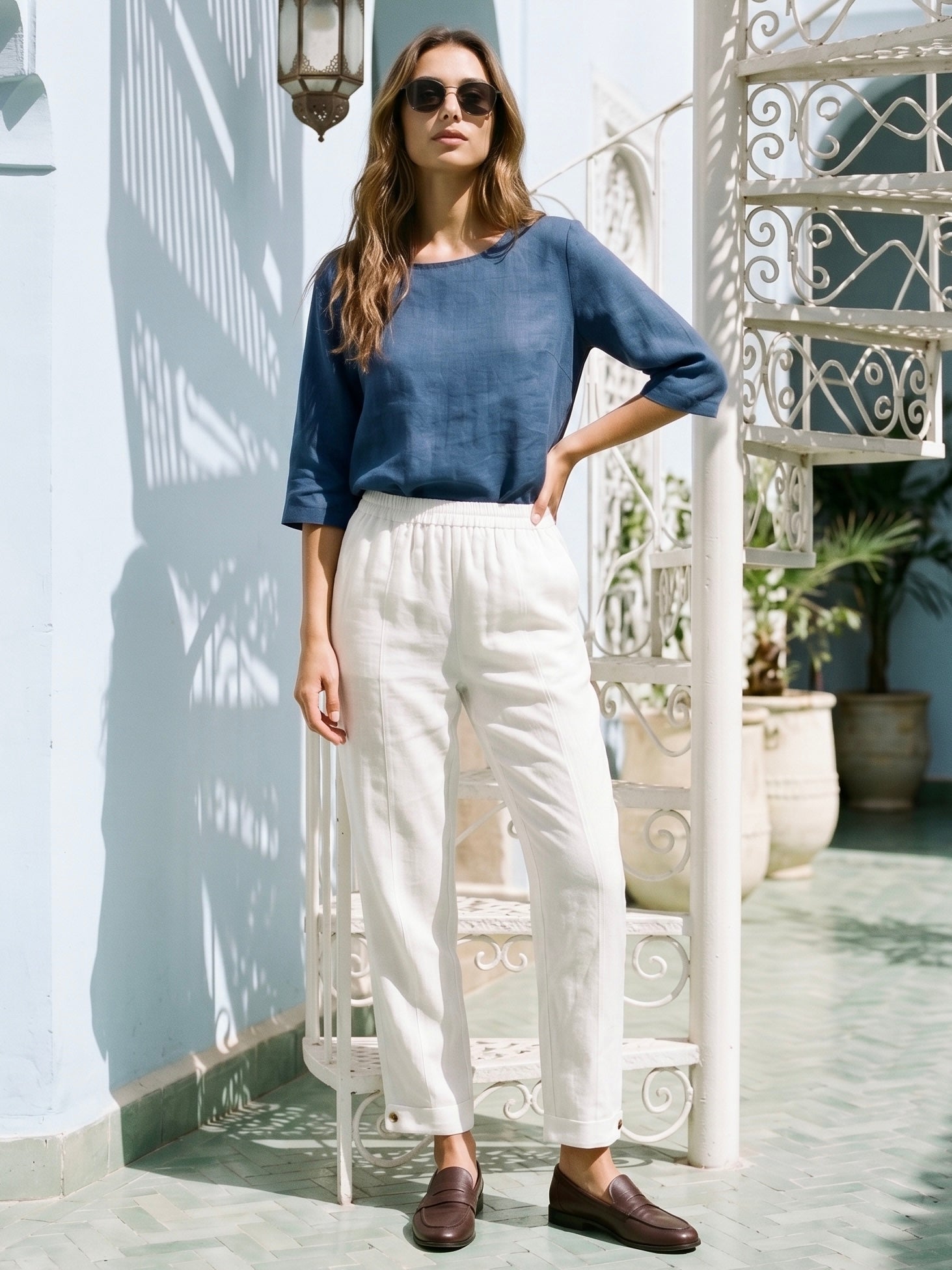 Pantalon droit 100 % lin avec taille élastique PATRICE