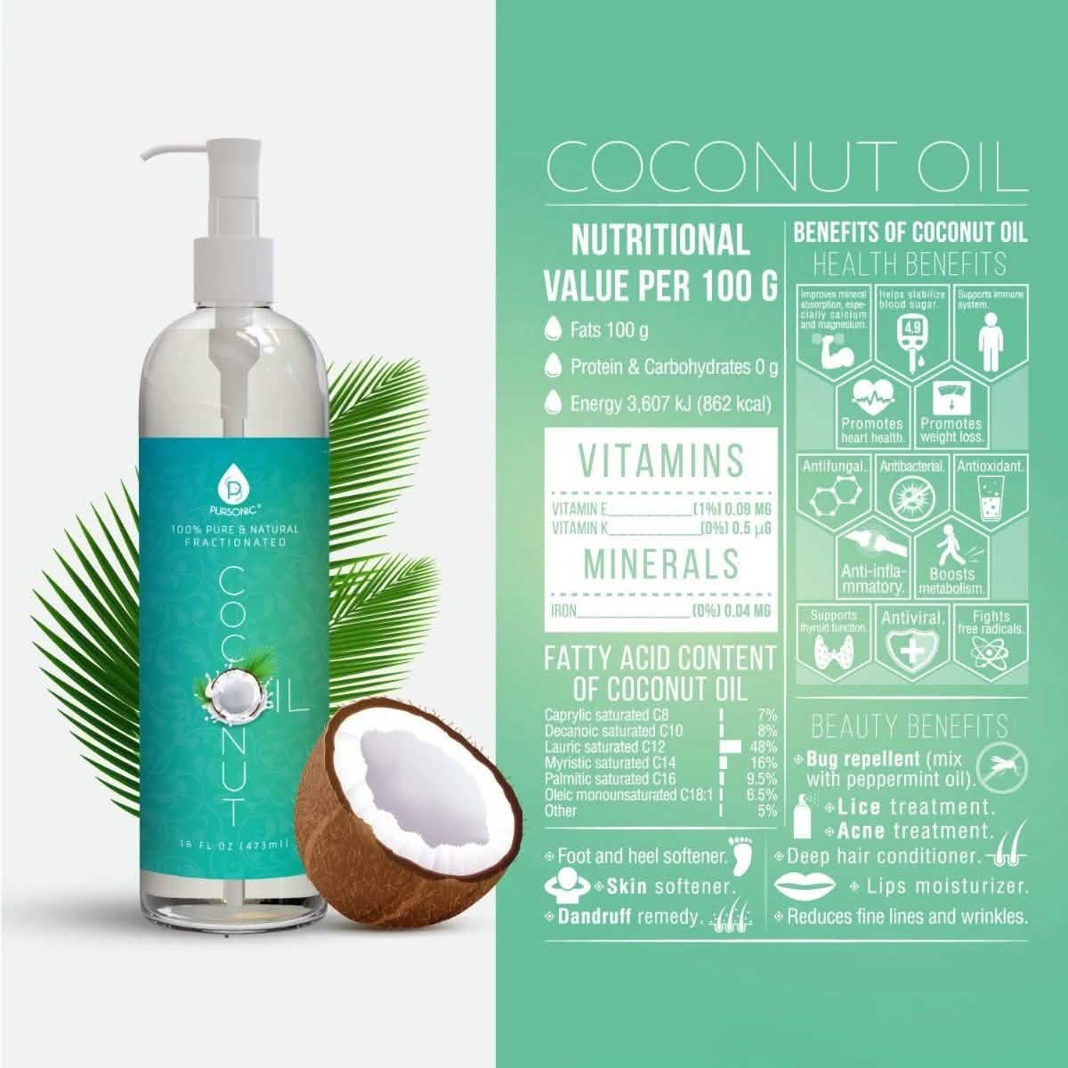 Pursonic masseur portatif et huile de coco fractionnée 100 % pure Pursonic