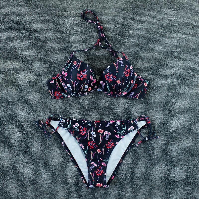 Maillot de bain bikini push-up imprimé floral pour femme - Ensemble de bikinis brésiliens - Vêtements de plage pour femme - Maillots de bain bikini imprimés floraux 2 pièces