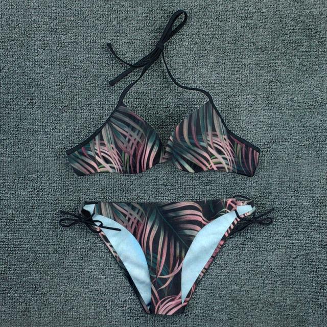 Maillot de bain bikini push-up imprimé floral pour femme - Ensemble de bikinis brésiliens - Vêtements de plage pour femme - Maillots de bain bikini imprimés floraux 2 pièces