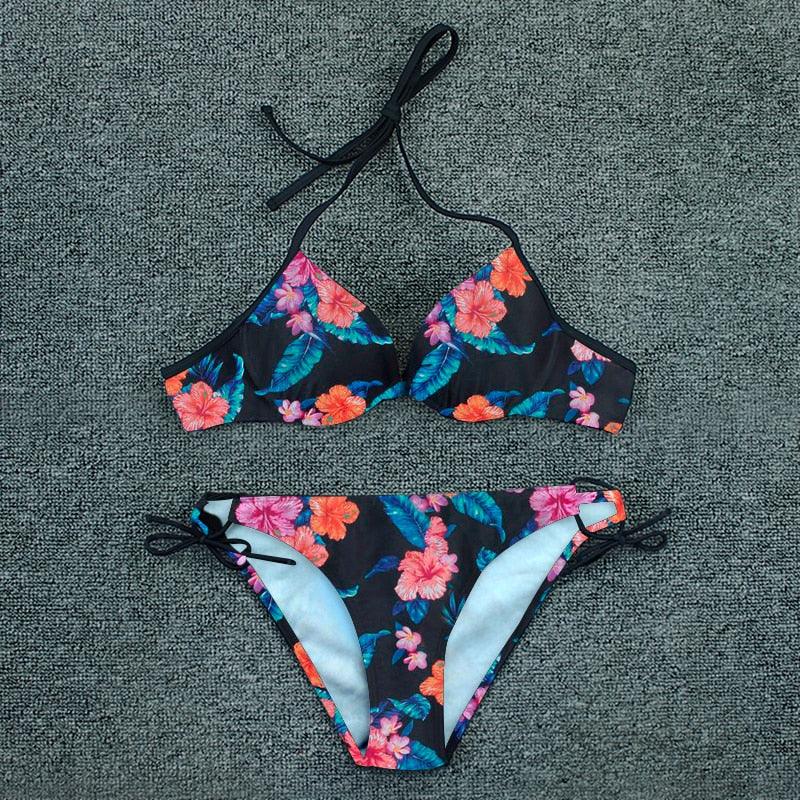 Maillot de bain bikini push-up imprimé floral pour femme - Ensemble de bikinis brésiliens - Vêtements de plage pour femme - Maillots de bain bikini imprimés floraux 2 pièces