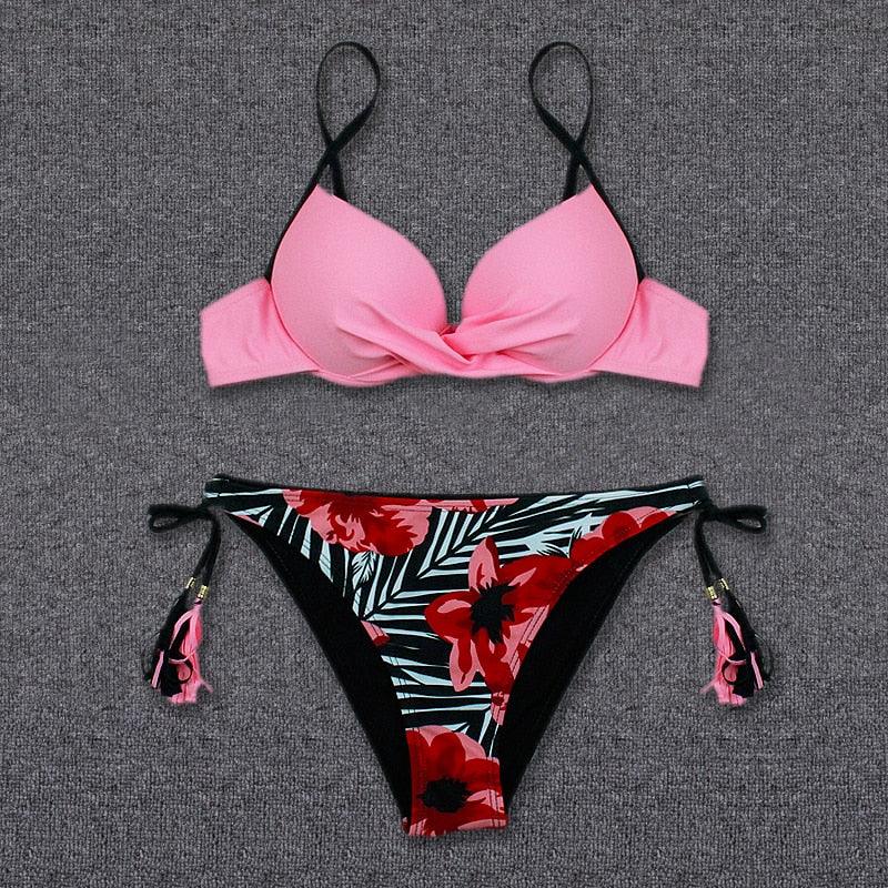 Maillot de bain bikini push-up imprimé floral pour femme - Ensemble de bikinis brésiliens - Vêtements de plage pour femme - Maillots de bain bikini imprimés floraux 2 pièces