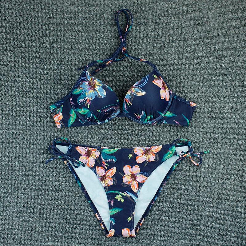 Maillot de bain bikini push-up imprimé floral pour femme - Ensemble de bikinis brésiliens - Vêtements de plage pour femme - Maillots de bain bikini imprimés floraux 2 pièces