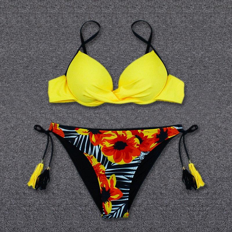 Maillot de bain bikini push-up imprimé floral pour femme - Ensemble de bikinis brésiliens - Vêtements de plage pour femme - Maillots de bain bikini imprimés floraux 2 pièces