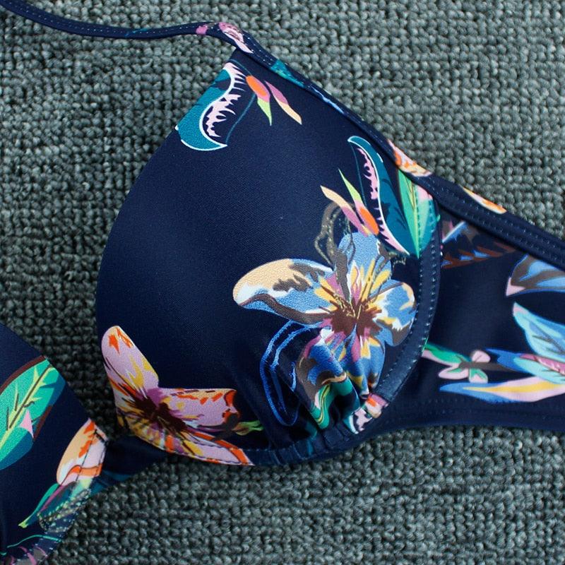 Maillot de bain bikini push-up imprimé floral pour femme - Ensemble de bikinis brésiliens - Vêtements de plage pour femme - Maillots de bain bikini imprimés floraux 2 pièces