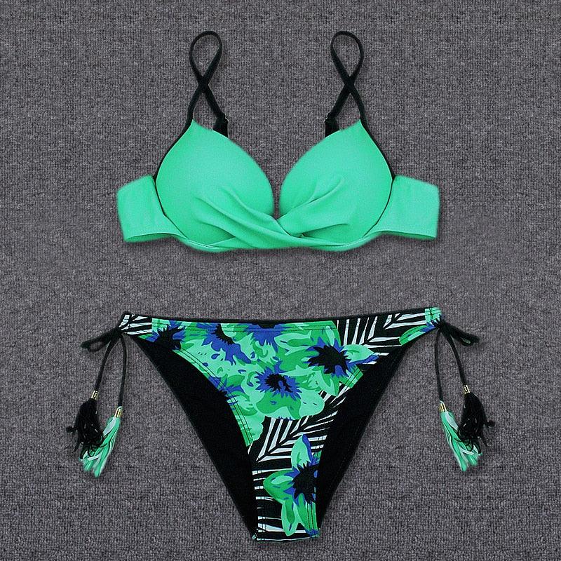 Maillot de bain bikini push-up imprimé floral pour femme - Ensemble de bikinis brésiliens - Vêtements de plage pour femme - Maillots de bain bikini imprimés floraux 2 pièces