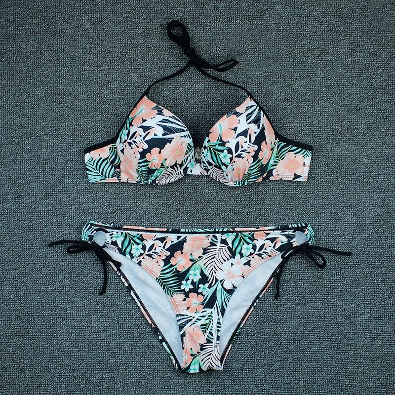Maillot de bain bikini push-up imprimé floral pour femme - Ensemble de bikinis brésiliens - Vêtements de plage pour femme - Maillots de bain bikini imprimés floraux 2 pièces