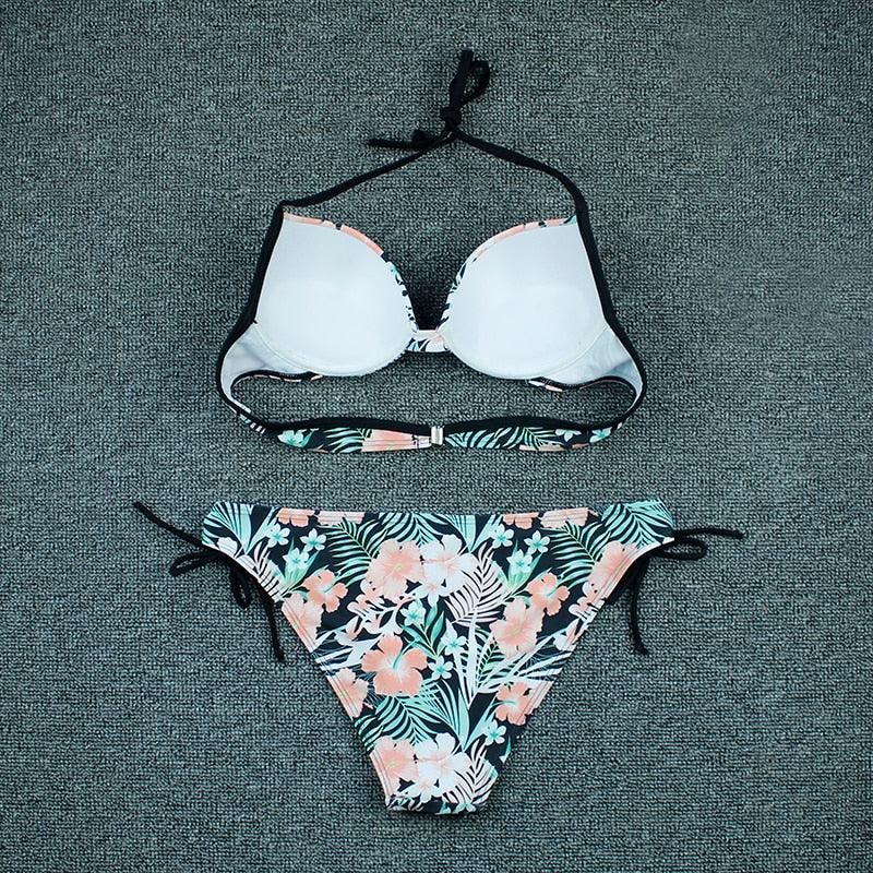 Maillot de bain bikini push-up imprimé floral pour femme - Ensemble de bikinis brésiliens - Vêtements de plage pour femme - Maillots de bain bikini imprimés floraux 2 pièces