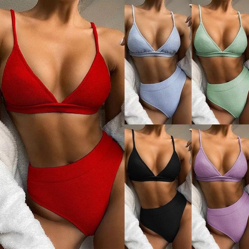 Ensemble de Bikini Push Up Maillots de Bain Taille Haute Femme Maillot de Bain Nervuré Brésilien Bikini Maillot de Bain Femme Bas de Bikini Triangle Haut de Maillot de Bain