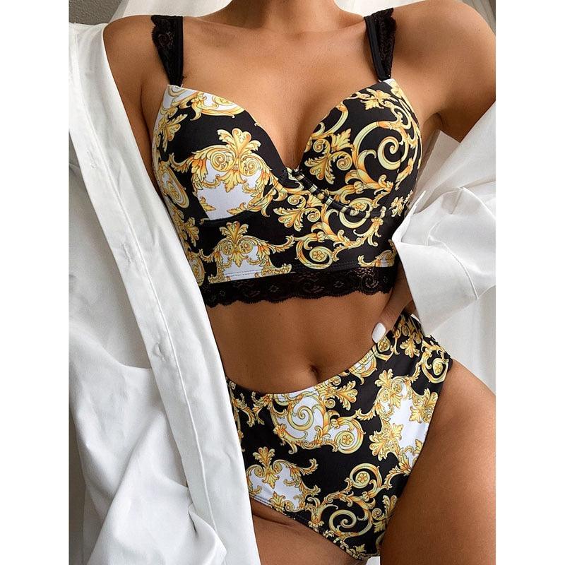 Maillots de bain push-up Maillot de bain femme Taille haute Ensemble de bikini athlétique Deux pièces Maillot de bain sportif Col rond Pour adolescentes avec short Maillot de bain taille haute Femme Maillot de bain Femme Maillot de bain imprimé Bikini