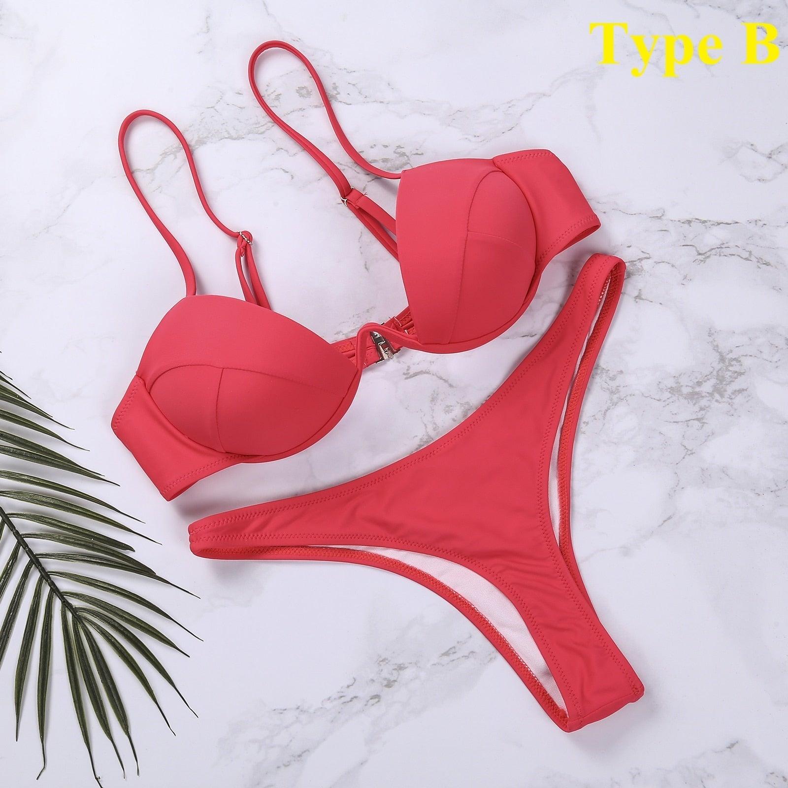 Ensemble de bikini push-up non rembourré pour femme, 4 couleurs, bandage, maillot de bain, bas string, deux pièces, bikini simple, maillot de bain, maillots de bain