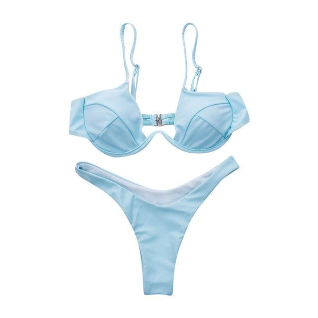 Ensemble de bikini push-up non rembourré pour femme, 4 couleurs, bandage, maillot de bain, bas string, deux pièces, bikini simple, maillot de bain, maillots de bain