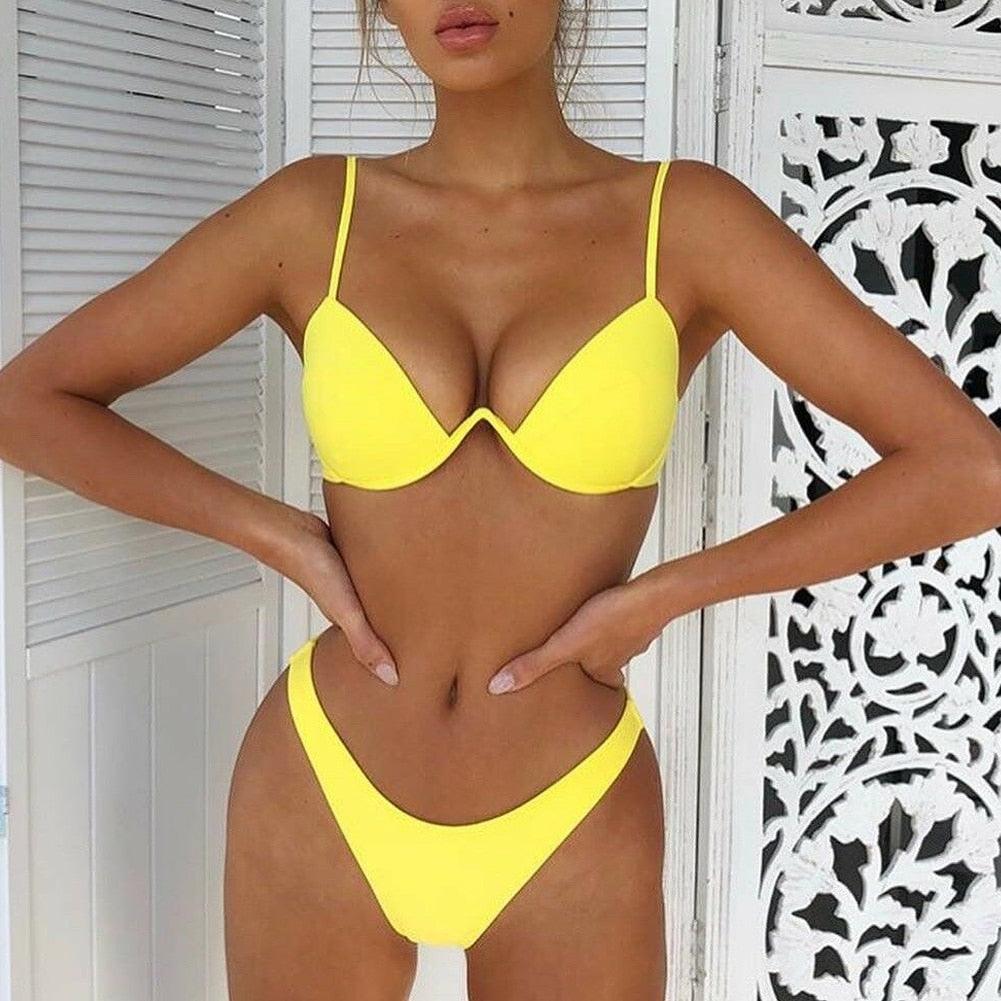 Ensemble de bikini push-up non rembourré pour femme, 4 couleurs, bandage, maillot de bain, bas string, deux pièces, bikini simple, maillot de bain, maillots de bain