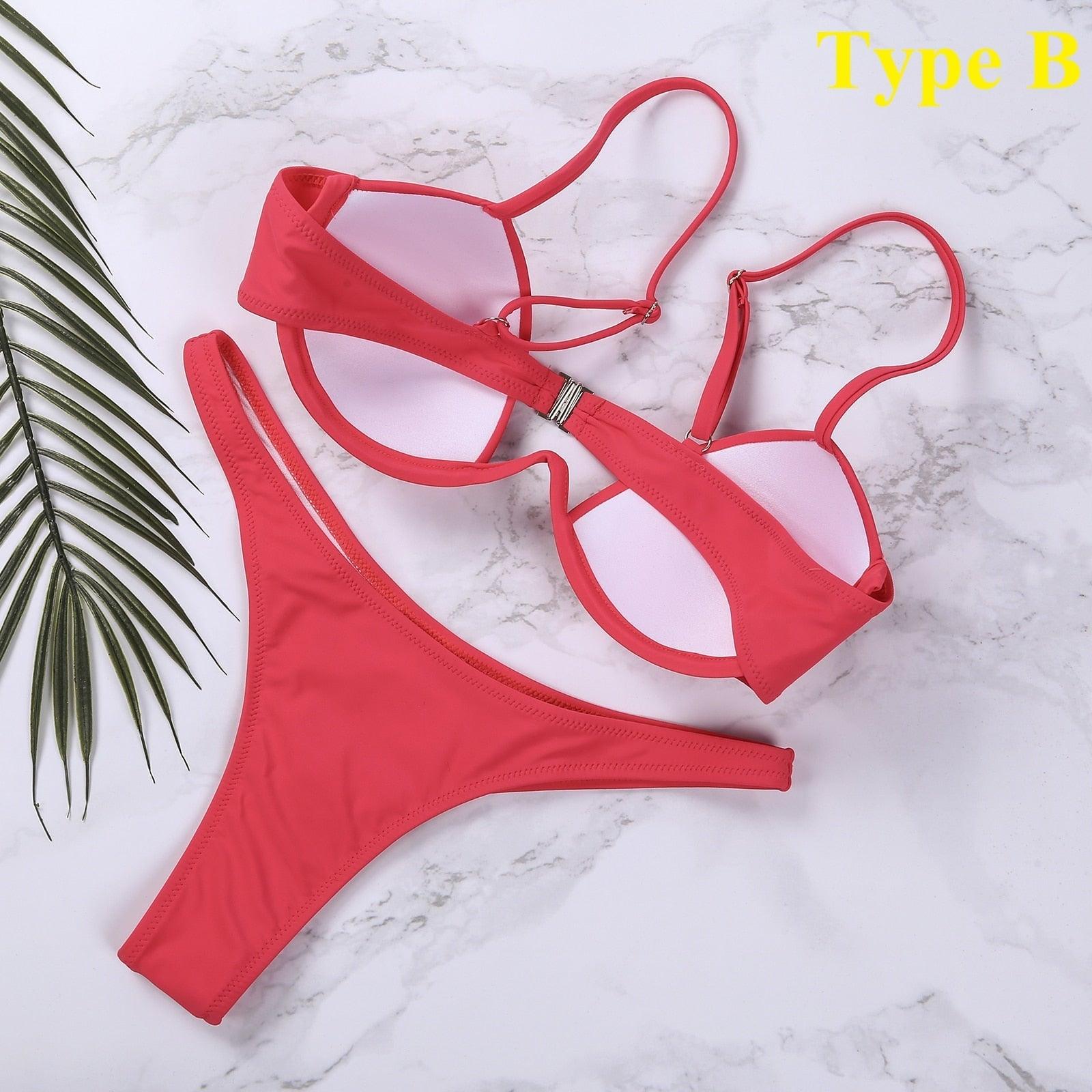 Ensemble de bikini push-up non rembourré pour femme, 4 couleurs, bandage, maillot de bain, bas string, deux pièces, bikini simple, maillot de bain, maillots de bain