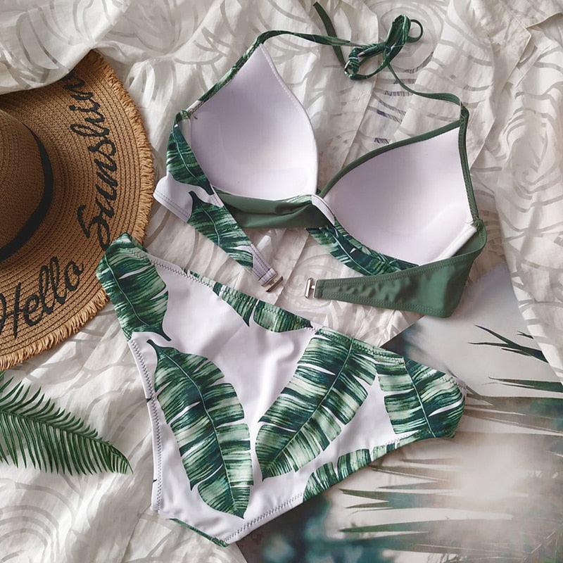 Maillot de Bain Femme Push Up Bikinis Maillots de Bain Femme Push Up Dos Nu Bandage Bikini Imprimé Floral Bas de Maillot de Bain Deux Pièces Maillots de Bain Femme Dos Nu Imprimé Feuilles Vêtements de Plage Grande Taille