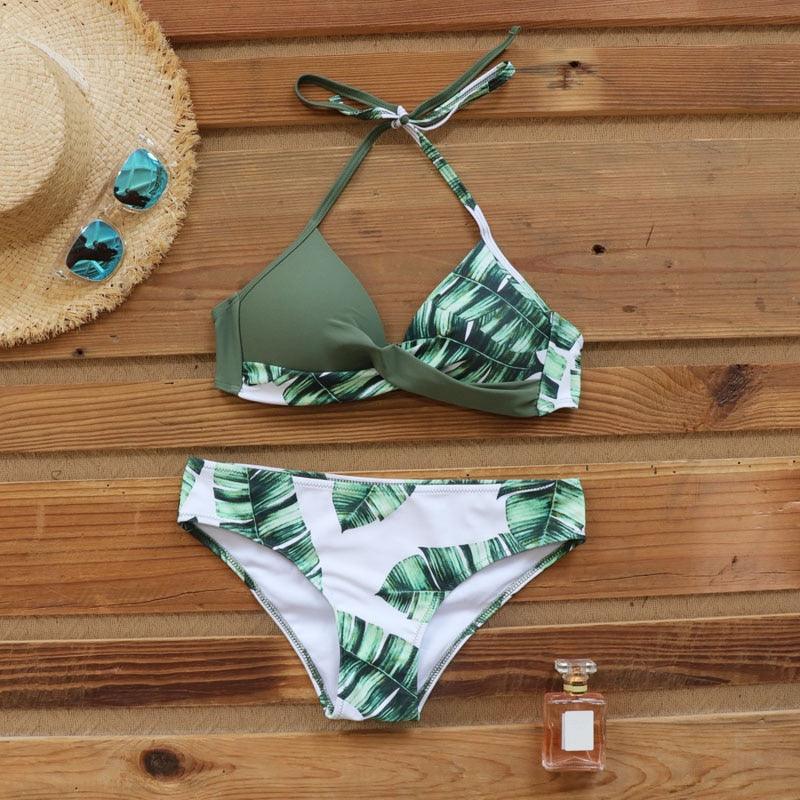 Maillot de Bain Femme Push Up Bikinis Maillots de Bain Femme Push Up Dos Nu Bandage Bikini Imprimé Floral Bas de Maillot de Bain Deux Pièces Maillots de Bain Femme Dos Nu Imprimé Feuilles Vêtements de Plage Grande Taille