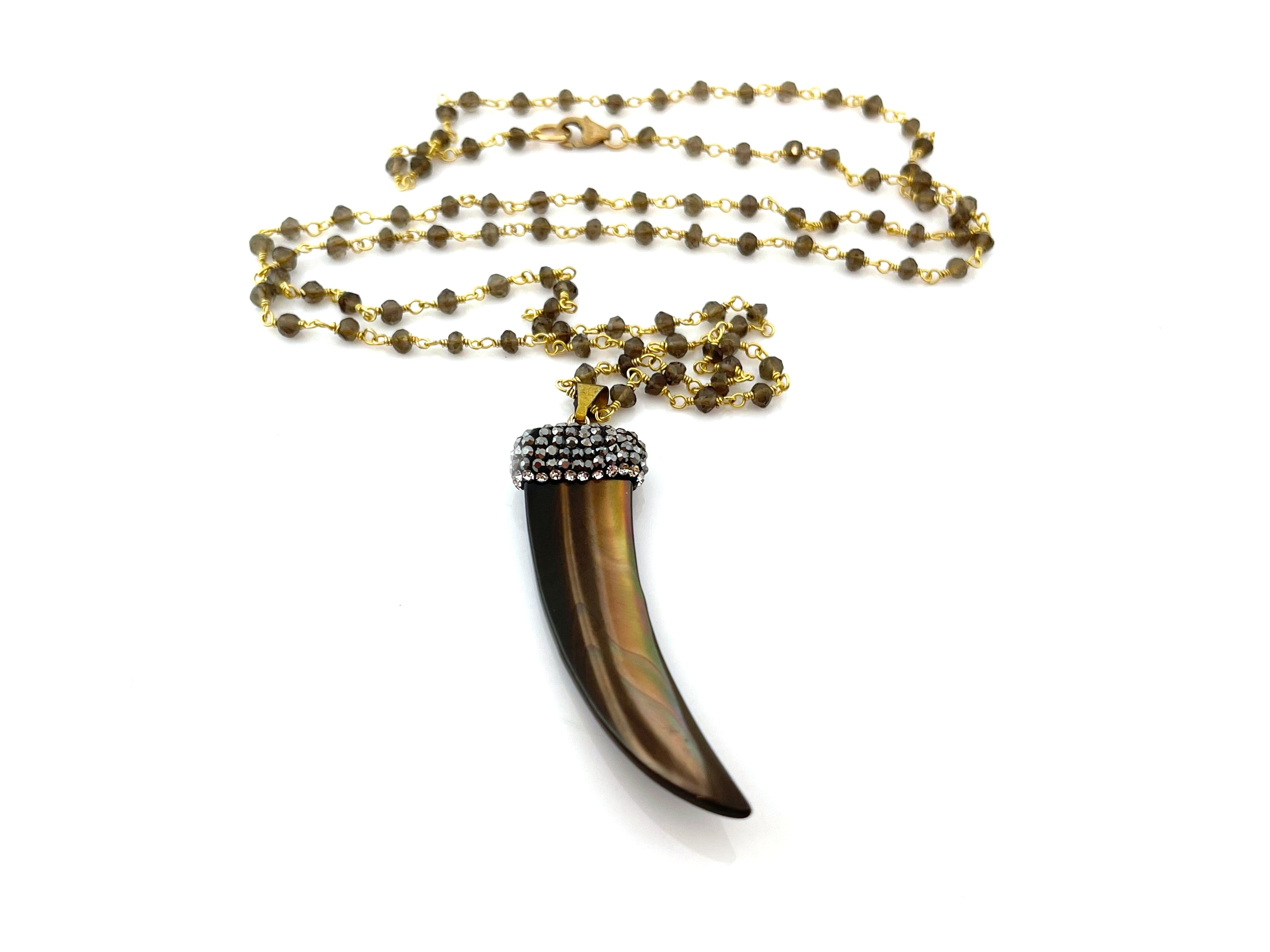 Bohemian Brown Shell Horn Necklace with Smoky Quartz – 14k Gold Filled Rosary Chain