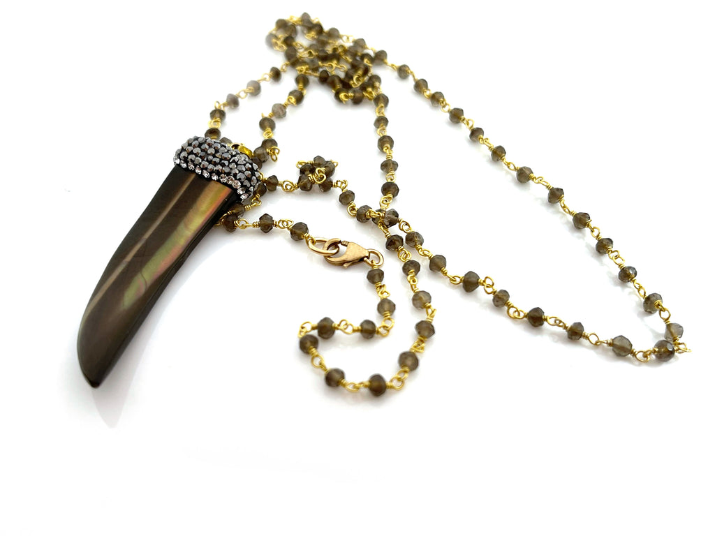 Bohemian Brown Shell Horn Necklace with Smoky Quartz – 14k Gold Filled Rosary Chain