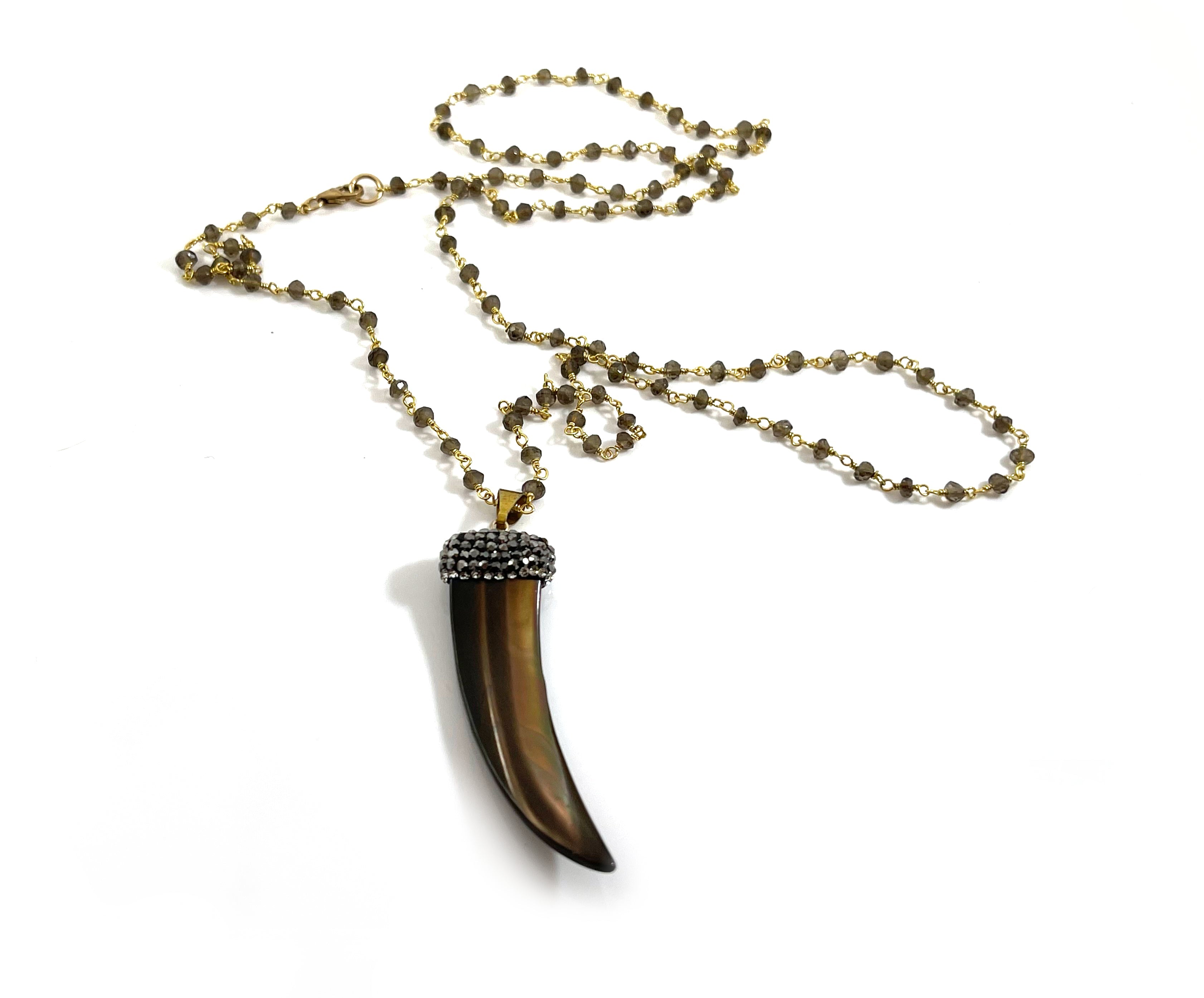 Bohemian Brown Shell Horn Necklace with Smoky Quartz – 14k Gold Filled Rosary Chain