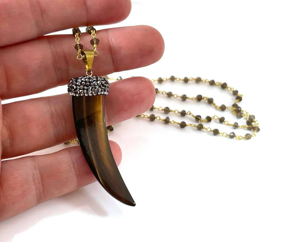 Bohemian Brown Shell Horn Necklace with Smoky Quartz – 14k Gold Filled Rosary Chain