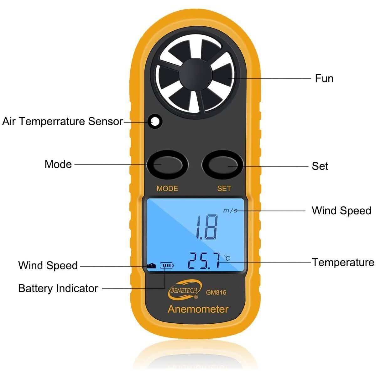 Anémomètre numérique Qotone GM816 pour mesure de vitesse du vent