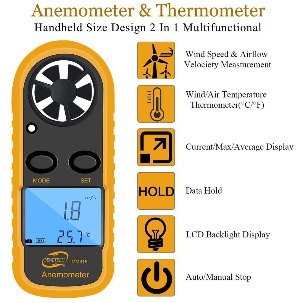 Anémomètre numérique Qotone GM816 pour mesure de vitesse du vent