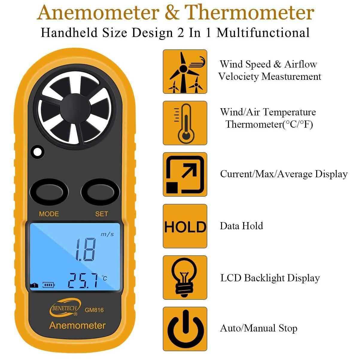 Anémomètre numérique Qotone GM816 pour mesure de vitesse du vent