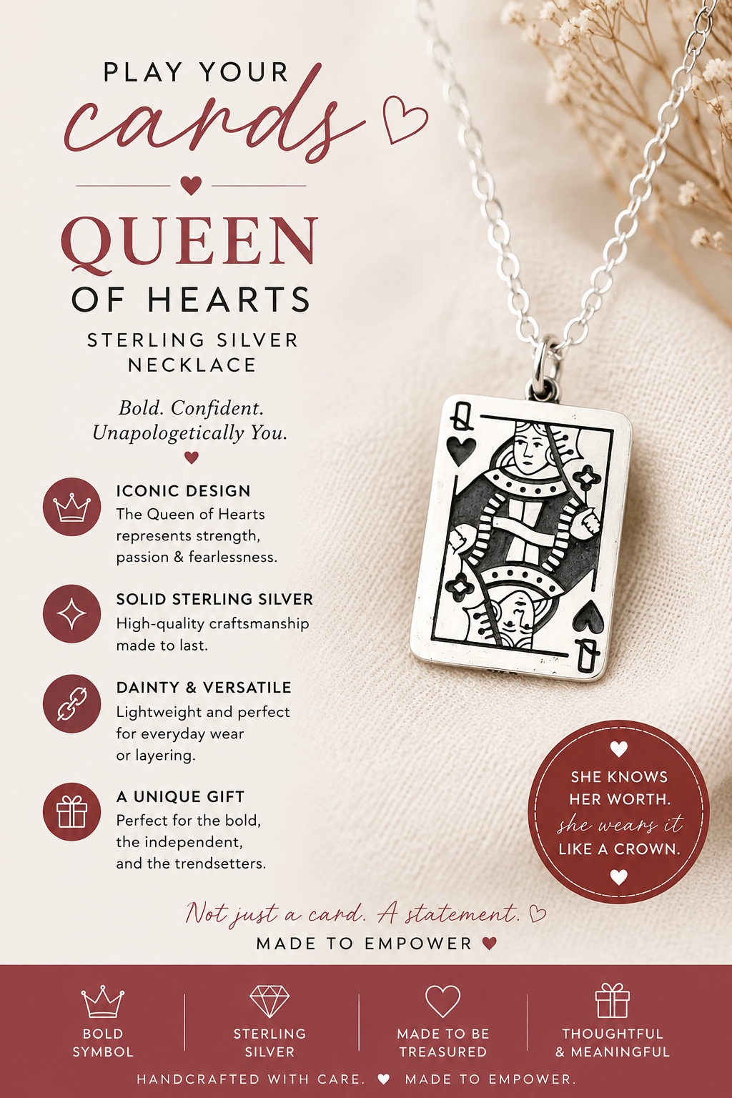 Collier Reine de Cœur en argent sterling – Pendentif carte à jouer sur chaîne de 45 cm