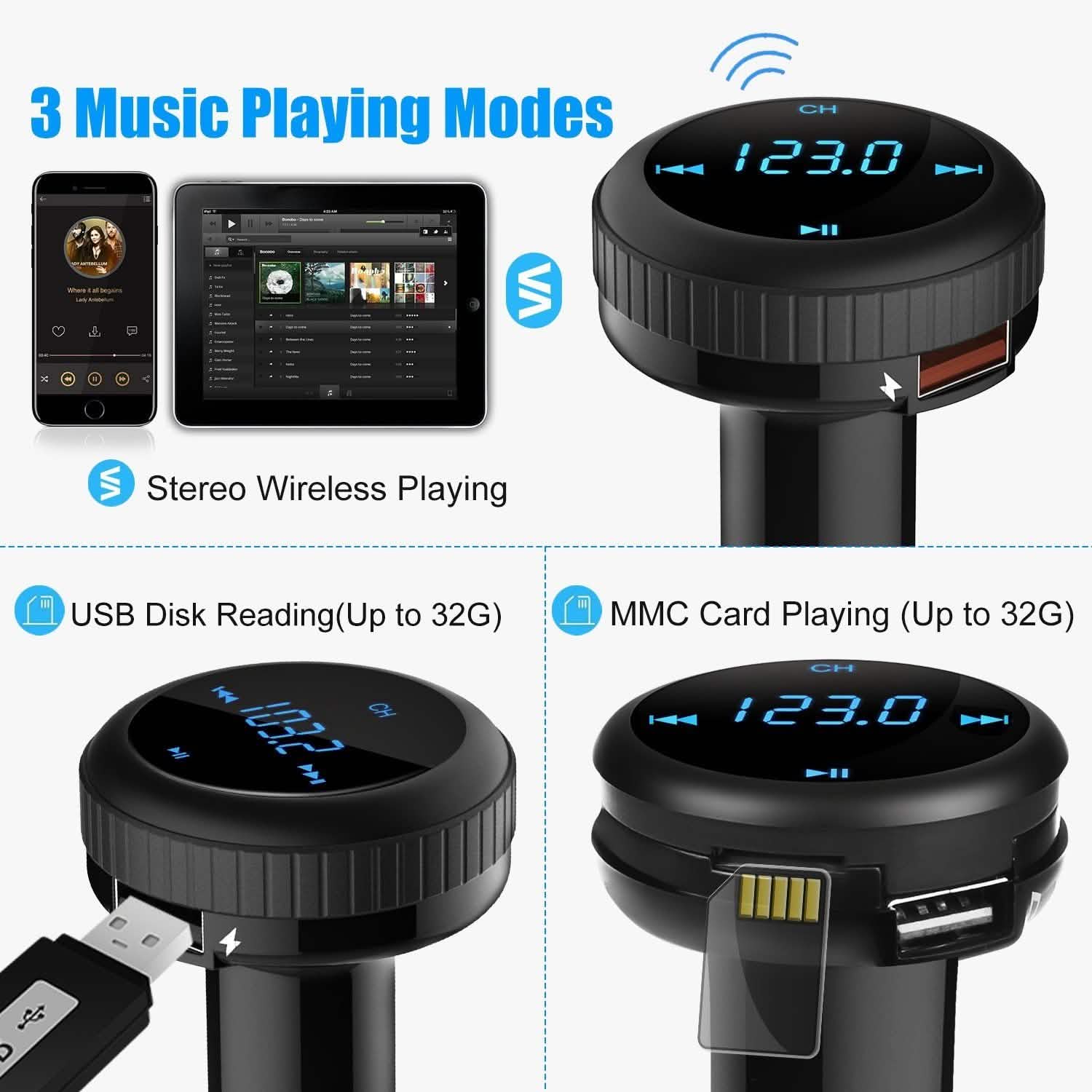 Chargeur de voiture Quick Charge 3.0 Transmetteur FM sans fil 4.2 23W 3A Double USB