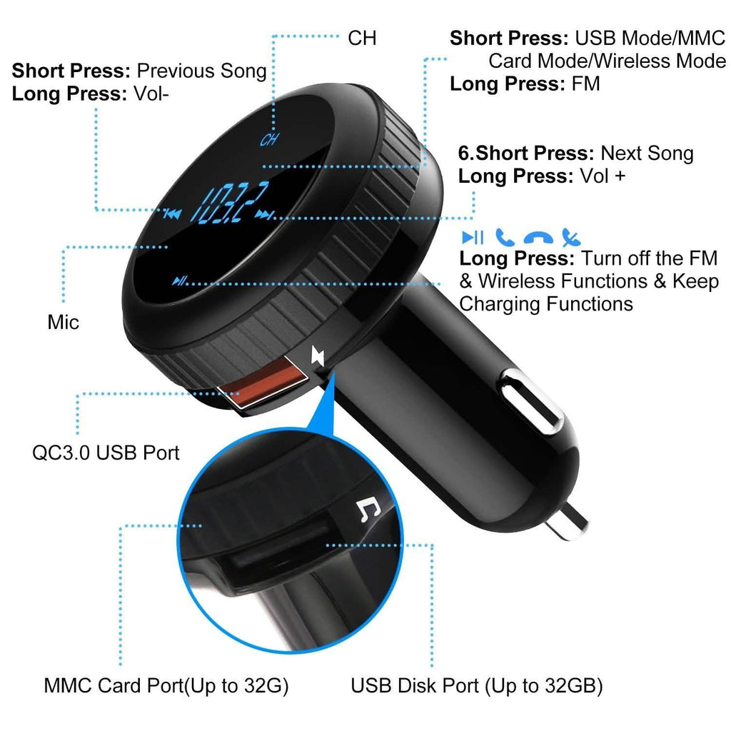 Chargeur de voiture Quick Charge 3.0 Transmetteur FM sans fil 4.2 23W 3A Double USB