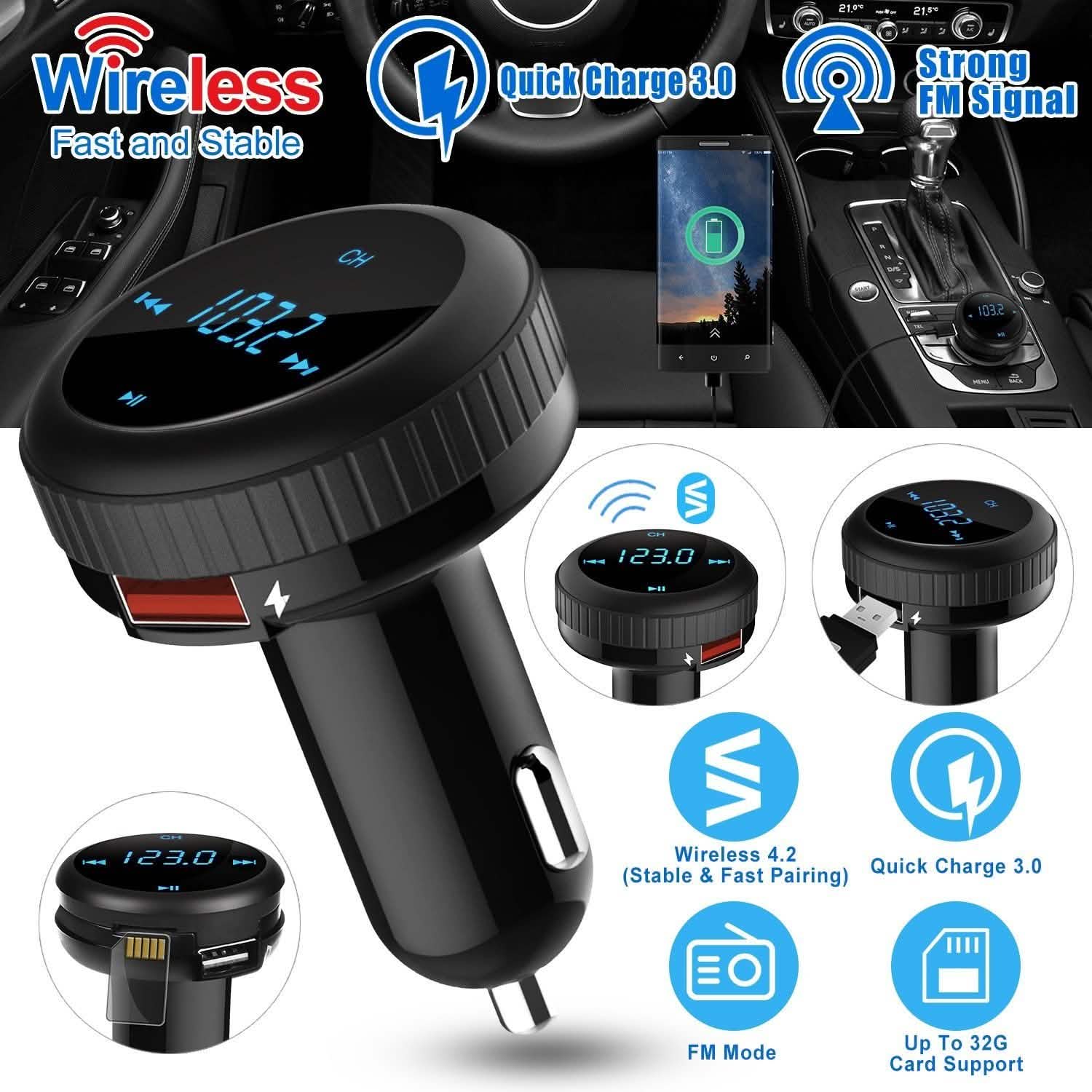 Chargeur de voiture Quick Charge 3.0 Transmetteur FM sans fil 4.2 23W 3A Double USB