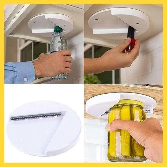 Décapsuleur/Ouvre-bocal multifonctionnel en V à design unique, à installer sous les armoires, professionnel pour canettes, s'adapte à toutes les tailles, gadget de cuisine utile