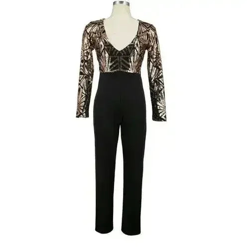 Combinaison sexy à col en V pour femmes, barboteuse à manches longues et paillettes, automne