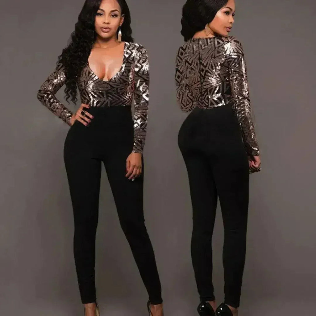 Combinaison sexy à col en V pour femmes, barboteuse à manches longues et paillettes, automne