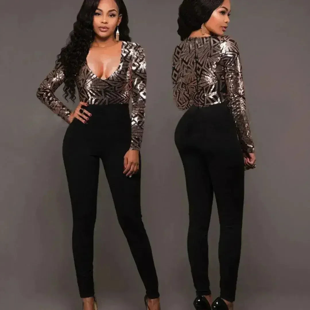 Combinaison sexy à col en V pour femmes, barboteuse à manches longues et paillettes, automne