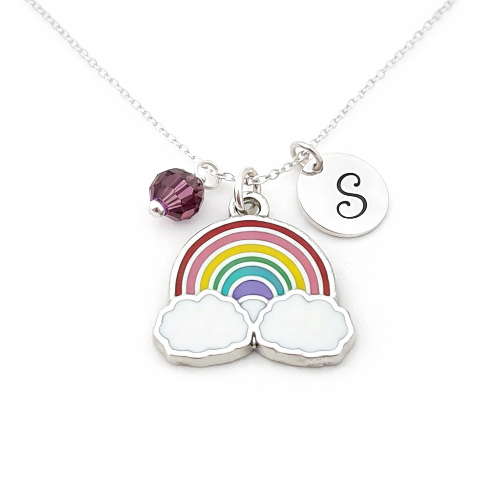 Collier Arc-en-ciel – Argent sterling avec pierre de naissance et breloque initiale