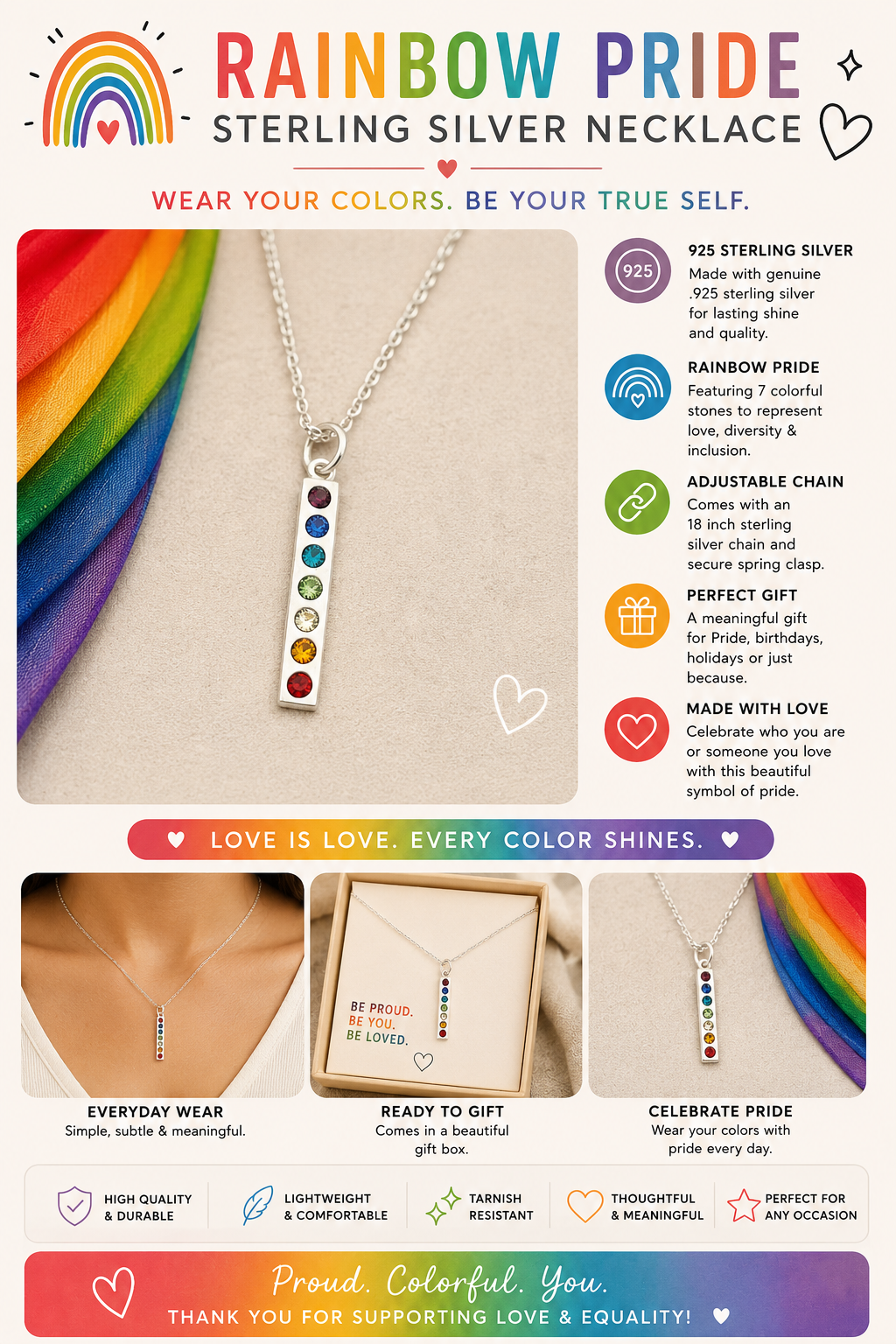 Collier à breloque en argent sterling 925 arc-en-ciel de la Fierté