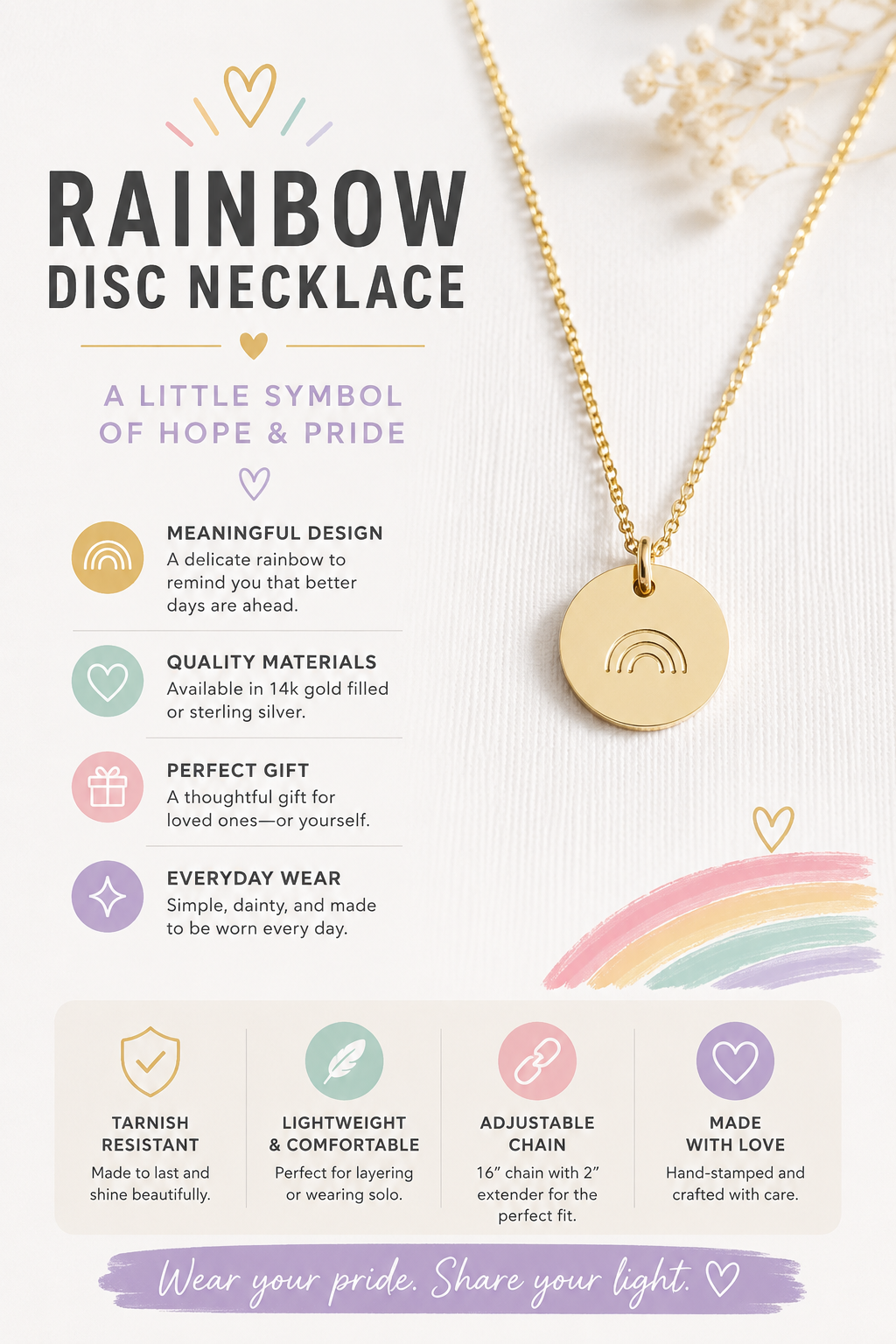 Collier Disque Arc-en-ciel – Bijou LGBT Estampé à la Main en Plaqué Or ou Argent Sterling