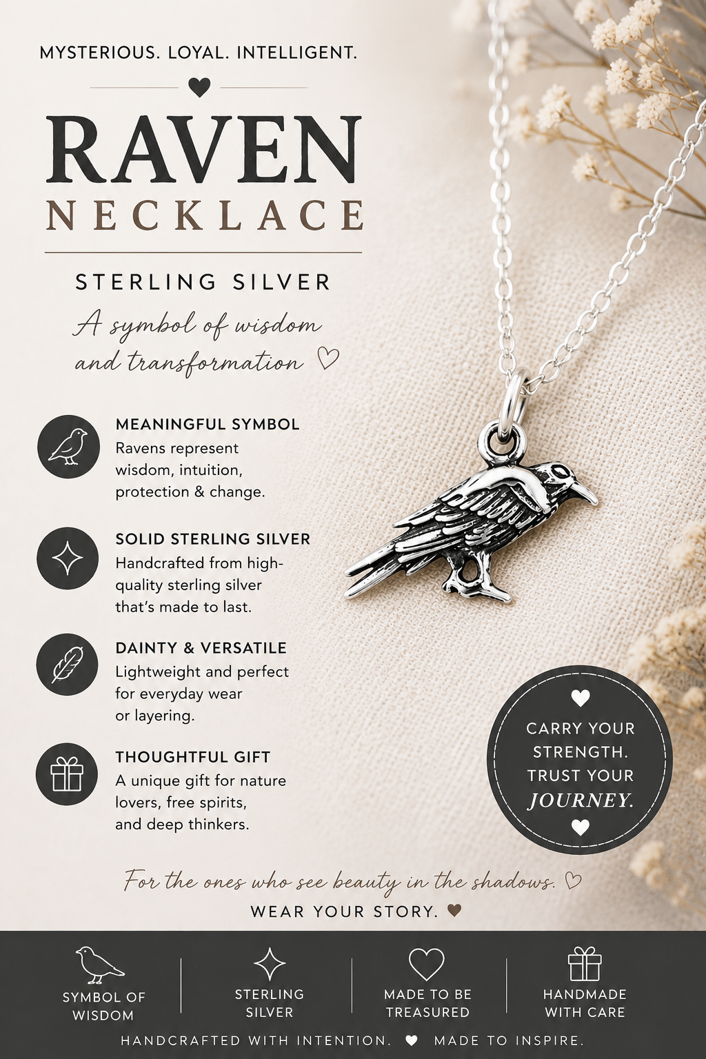 Collier Charme Corbeau Pendentif Oiseau - Bijou Fait Main en Argent Sterling