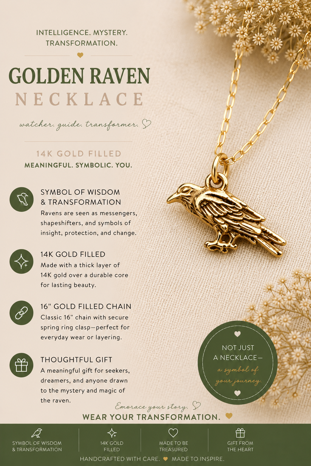 Collier Corbeau Doré – Pendentif Corbeau en Or Rempli 14k sur Chaîne de 40 cm